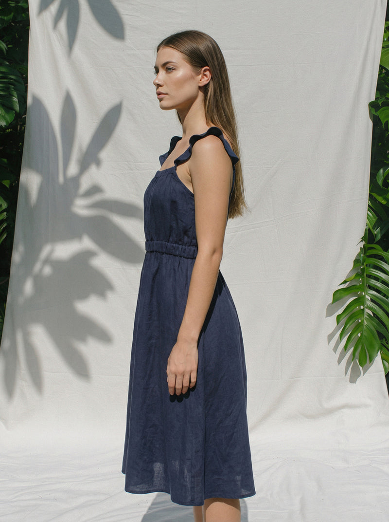 Asimetrik etek ucu detaylı doğal pamuk keten Arya kadın elbise